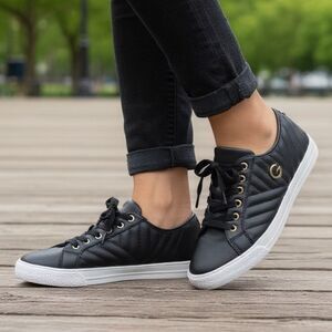 G by Guess GG Maddey Quilted Black Sneakers Gold Accent G Logo Tennis Trainers